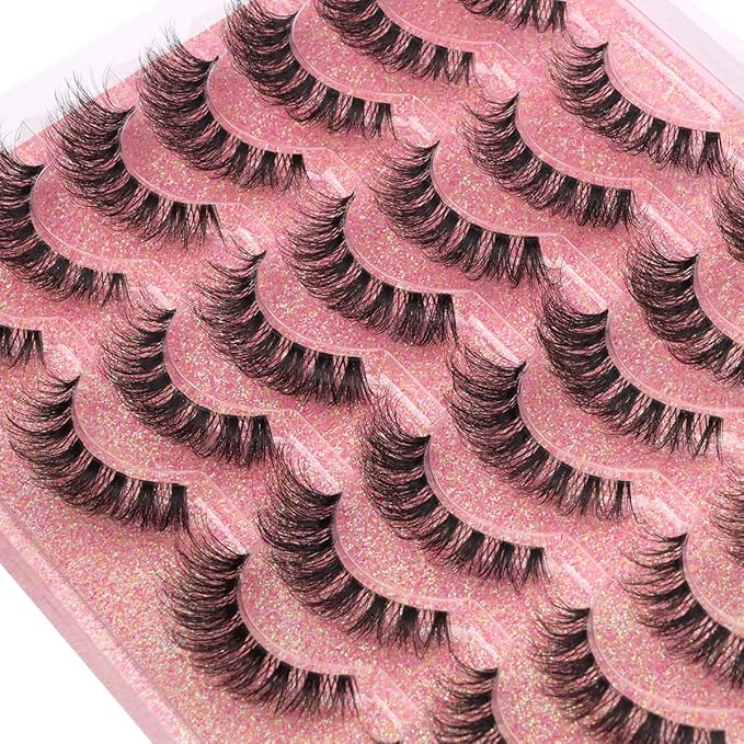 False Lashes Clear Band Faux Mink Lashes Wispy Eyelashes Cat Eye 16mm Natural D-Curl Lashes Cat Eye Strip Eyelashes Pack by Kiromiro, 14 Pairs