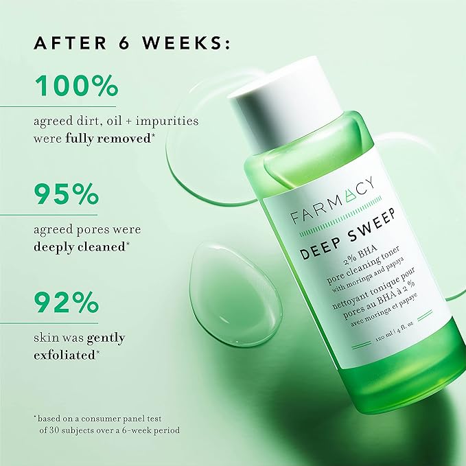 Farmacy 2% Salicylic Acid Toner for Face - Deep Sweep Gentle BHA Exfoliant for Oily Skin - Refines Texture with Papaya Enzymes & Moringa Water for a Healthy-Looking Complexion (10ml)