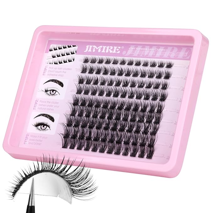 JIMIRE Self Adhesive Eyelashes Natural Wispy 8-16MM Pre Glued Lash Clusters No Glue Needed Press on Lashes Reusable Self Adhesive Lashes Classic Eyelash Clusters Easy to Apply