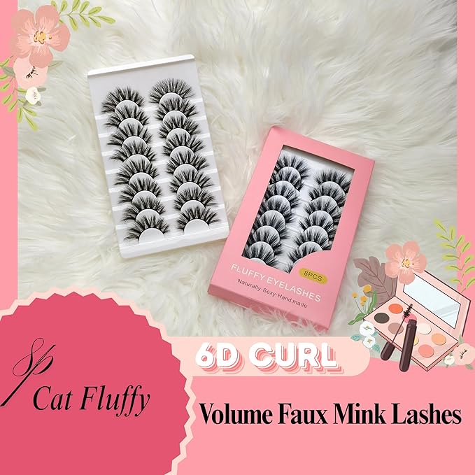 Manga Lashes Natural Eyelashes Spiky False Eyelashes Invisible Band 6D Cat Eye Lashes Wispy Fake Lashes Cosplay Anime Lashes 8 Pairs Asian Doll Lashes