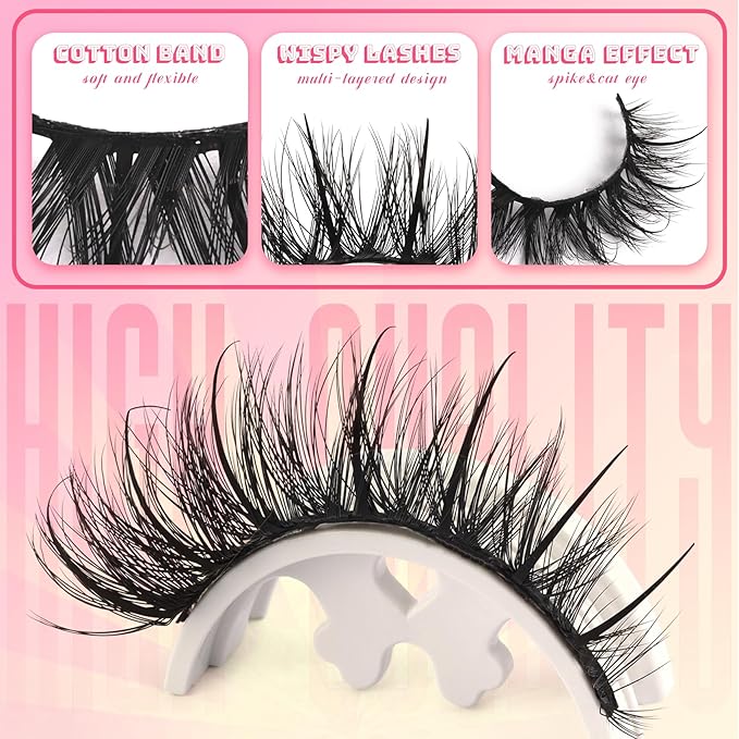 Ahrikiss Lashes Fluffy Eyelashes Wispy False Eyelashes Spiky Manga Lashes D Curl Cat Eye Lashes Natural Look 8D Volume Anime Fake Eyelashes Faux Mink Lashes 14 Pairs Pack (Spike02)