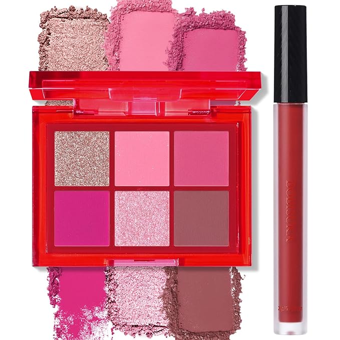 BOBISUKA Eyeshadow + Matte Lipstick Makeup Kit, 6 Colors Pink Rose Plum Shimmer Matte Gold Metallic Eye Shadow Pallet with Red Liquid Lipstick Makeup Set for Halloween, Daily,Parties, Concert