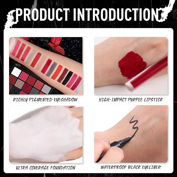UCANBE Red Halloween Makeup Kit – Clown Vampire Joker Demon Makeup Set for SFX Costume Cosplay with Eyeshadow Palette, White Foundation, Red Liquid, Black Eyeliner, Setting Powder & Sponges
