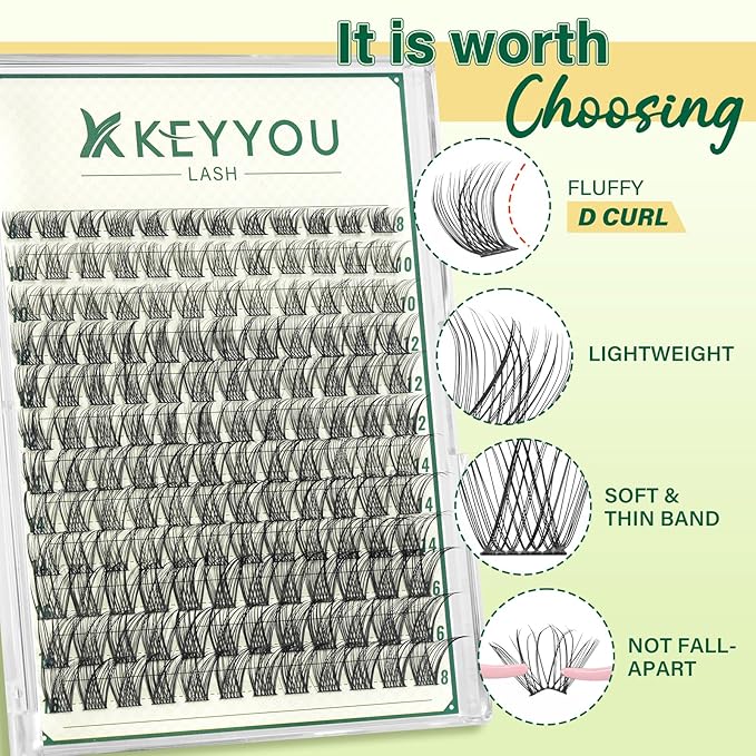 KEYYOULASH Lash Clusters Natural& Wispy Eyelash Clusters D Curl 144pcs 8-18mm Lashes Clusters Fluffy Eyelash Extensions for Beginner DIY Thin Band Cluster Lashes at Home(KY02-8-18MIX)