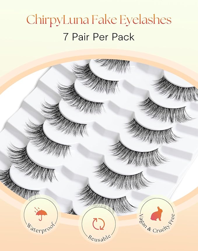 Eyelashes Cat Eye Lashes 15MM False Eyelashes Natural Look C Curl Lash Strips with 0.1MM Thin Band Volume Fake Lashes Pack ChirpyLuna Fluffy Eyelash, 7 Pair