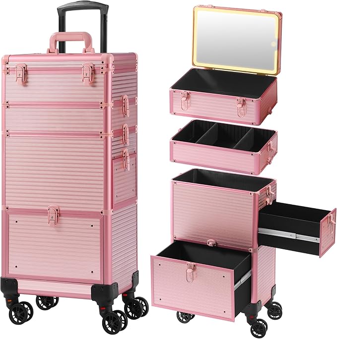 Makeup Train Case with LED Mirror, Rolling Makeup Case with Drawers, Cosmetology Case on Wheels, Gift, Travel Makeup Organizers, Profesional Cosmetic Case for Salon Barber,Nail, Tattoo, Pink