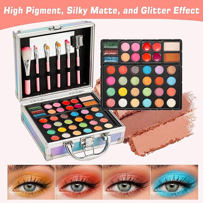 Anpro All-in-One Makeup Carry Case with Pro Teen Makeup Set, Full Starter Cosmetics Kit with Makeup Brushes, Eye Shadows Palette, Blushes, Glitter Gel, Temporary Tattoo Stickers - Pink, Style01