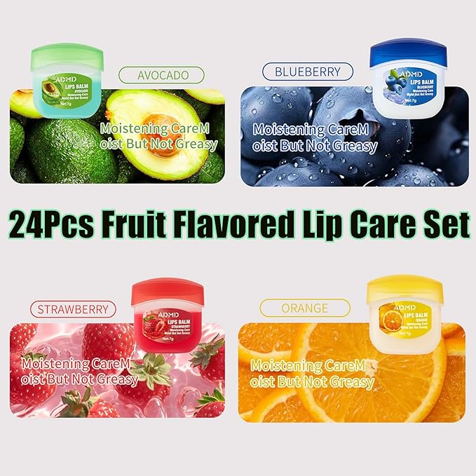 Admd Fruity Lip Balm Set,24Packs Fruit Flavored Lip Care Set,Mini Colorless Lipsticks,Moisturizing Masks, Long-lasting Nourishing Smooth Soft, Hydrated Lips Overnight (24Pcs)