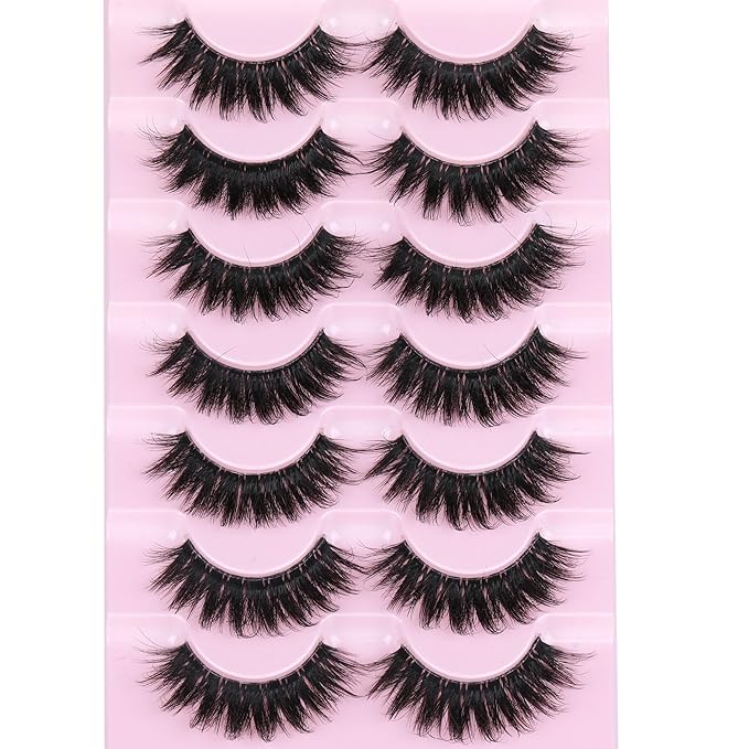 Focipeysa D Curl Lash Fluffy Volume Eyelash Thick False Eyelashes 16mm Lashes 8D Faux Mink Lash Dramatic Strip Eyelash Pack Lash that Look Like Extension 7 Pairs