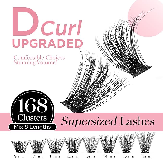 Cluster Lashes Wispy Lash Clusters, 168pcs D Curl Natural Volume Lashes Clusters, DIY Individual Eyelash Extensions with Soft Ultra-thin Band, 9-16mm (56D)