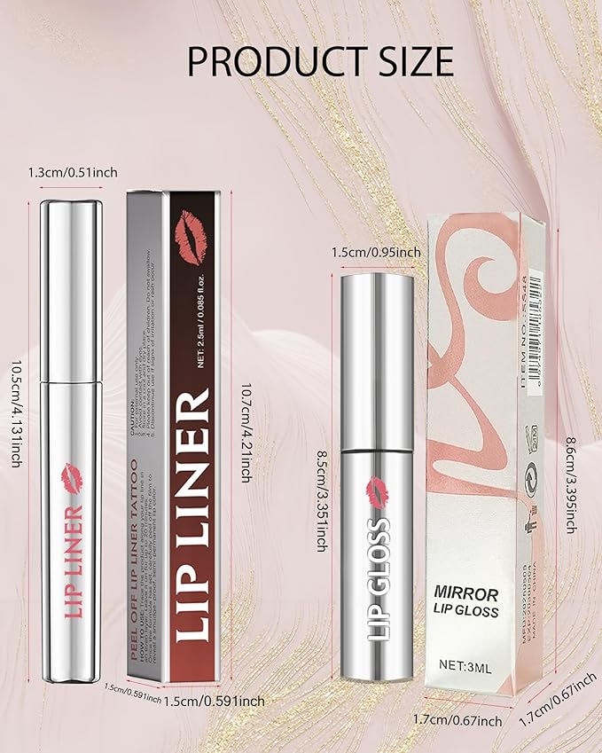 Peel Off Tattoo Lip Liner Stain Lip Gloss Combo Sets, 2 Colors Rose Pink Brown Matte Lip Liner and Nourishing Lip Gloss Tint Stain Kit, Long Lasting Waterproof Non Sticky Liquid Lipstick Makeup-Set 03