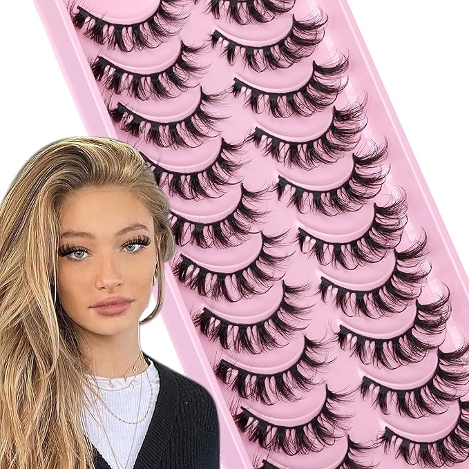 Eefofnn Natural False Eyelashes D Curly Lashes Cat Eye Russian Strip Lashes Fluttery Eyelashes 16mm Wispy Fake Lashes that Look Like Extensions Volume Faux Mink Eyelashes 10 Pairs Pack