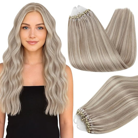Full Shine Micro Bead Hair Extensions Real Human Hair 22 Inch 50 Grams Ash Blonde Highlight Bleach Blonde Micro Link Hair Extensions Human Hair Long Straight Hair add Length