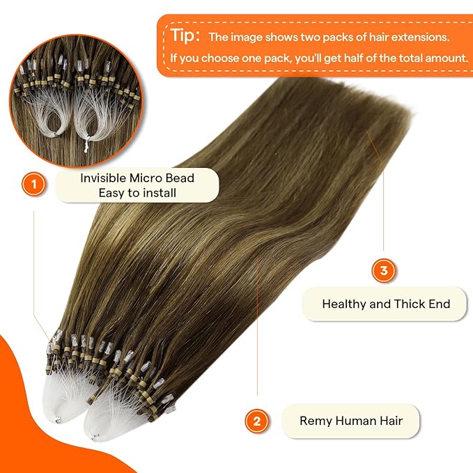Full Shine Micro Link Hair Extensions Medium Brown to Blonde and Brown Microloop Human Hair Extensions 14 Inch Prebonded Extensions Soft Real Human Hair 50 Grams