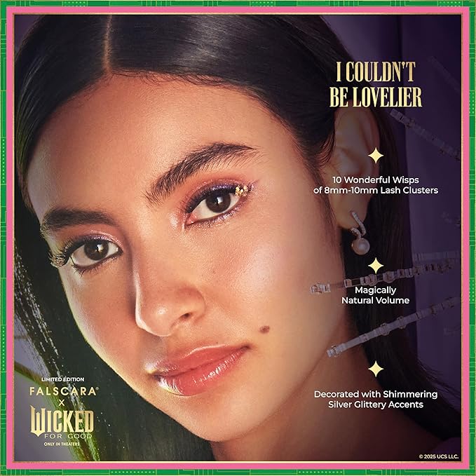 FALSCARA X WICKED: FOR GOOD False Eyelashes, ‘I Couldn't Be Lovelier’, 8mm-10mm Natural Volume, Silver Glitter, Lash Extension Kit Includes Mini BOND, Mini Applicator, & 10 Lash Clusters