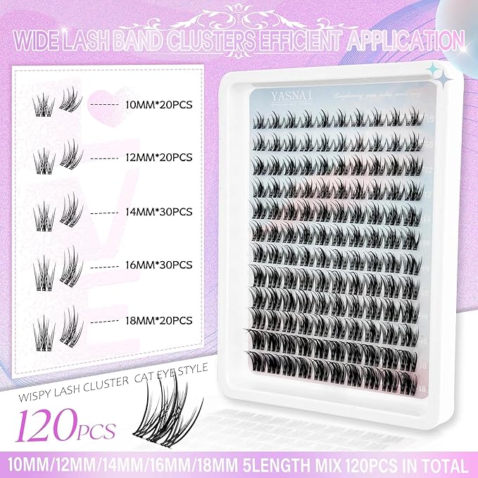 Natural Lash Clusters Fairy Wispy Manga Lash Extensions YASNAI Cluster C Curl Individual Lashes 10-18MM 120pcs, Spiky Anime Lashes Eye Lash Clusters Ultra-Thin Clear Lash Band