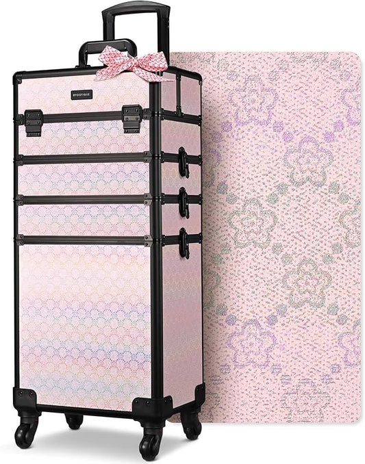 BYOOTIQUE Barber Case False Eyelash Storage Rolling Makeup Cart on Wheels Hairdressing Brush Bags Barber Suitcase for Wedding Beautician Manicurist Hairstylist,Blush ForgetMeNot