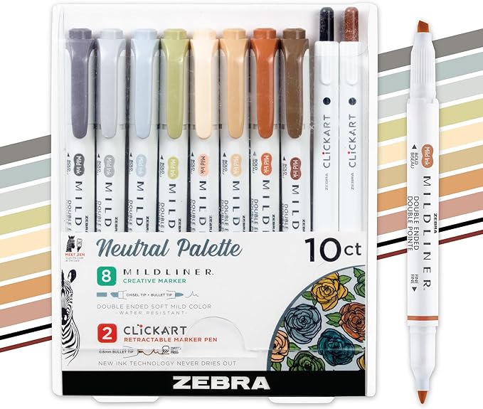 Zebra Pen Mildliner Dual-Tip Highlighters and 2 ClickArt Markers, Ideal for Bible Highlighting, No Bleed, School Supplies and Teacher Supplies, Neutral Vintage Ink Colors, 10-Pack (78601)