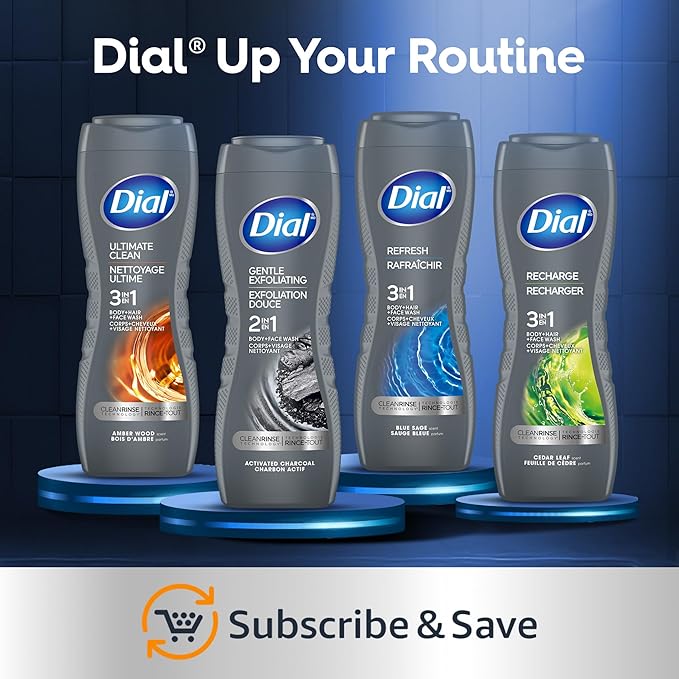 Dial Men 3 in 1 Body, Hair and Face Wash, Refresh, 16 Fl Oz (Pack of 4), Blue Sage Scent, Cleanses Deep + Gentle on Skin with Clean Rinse Technology