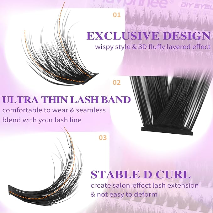 Volume Lash Clusters Kit D-Curly Eyelash Clusters Wispy Cluster Lashes Extensions Full Individual Lashes Clusters Eyelash Extensions Kit with Bond and Seal and Tweezers (232 Pcs, 10-16MM, 3 Styles)