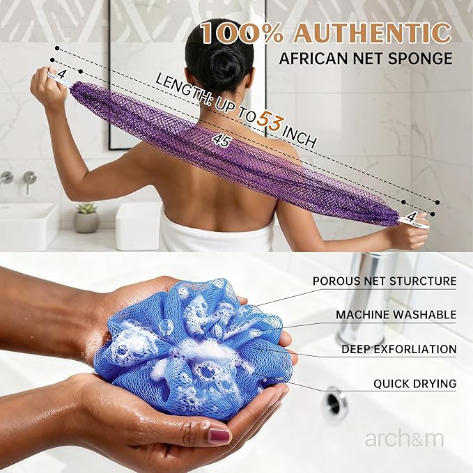 African Net Sponge Afro Scrub - Authentic African Wash Cloths Exfoliating Body Sponges for Showering Back Scrubber Exfoliator Shower Loofah for Body Care Bath Accessories Off White + Sky Blue ARCH&M