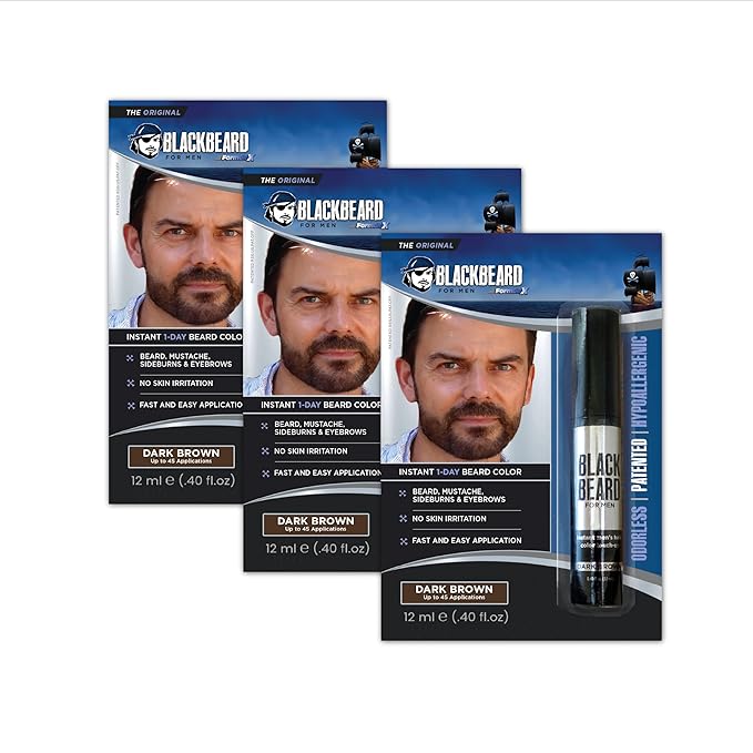 Blackbeard for Men Instant Beard Color – All Day Beard, Mustache, Eyebrow, and Sideburns Color – Temporary, Hypoallergenic Beard Dye Alternative – Up to 45 applications – Dark Brown, 3 Pack