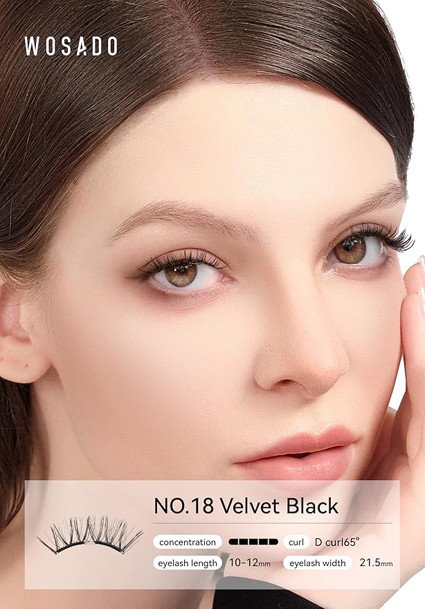 WOSADO Soft Magnetic Eyelashes Kit with Applicator, No.18 Velvet Black, Reusable Glue-free Wispy Magnetic Lashes, Cruelty-free False Lashes, Waterproof, Lightweight, Suit for Heavy Makeup