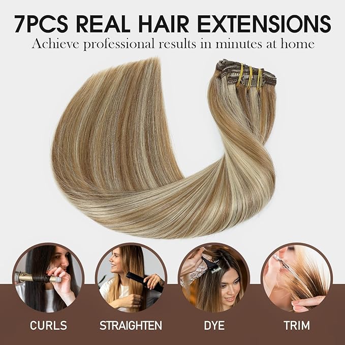 VINBAO Hair Extensions Clip in Human Hair Highlights Light Brown with Platinum Blonde Human Hair Highlighted Clip in Hair Extensions 140g 16inch 7pcs (#HC8P60,16'')
