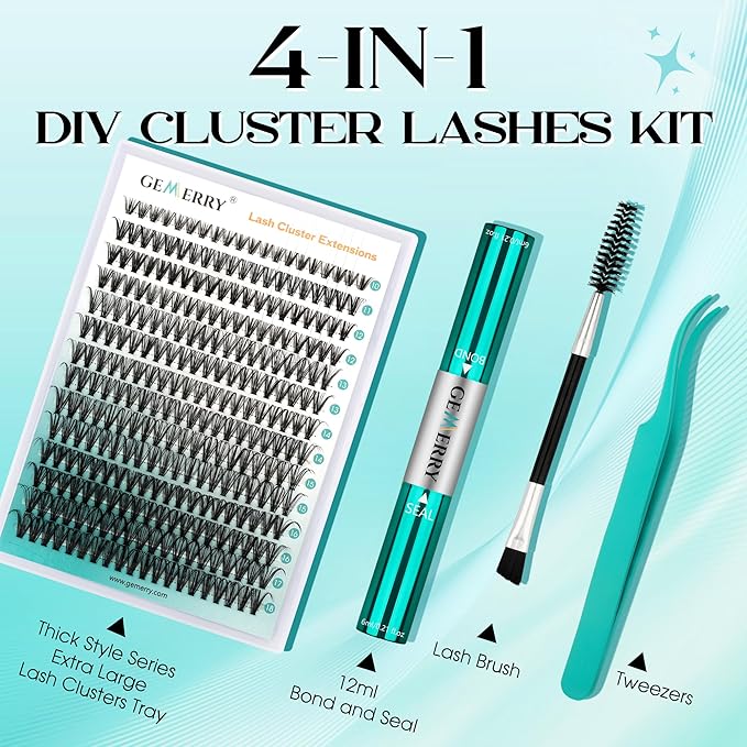 GEMERRY Fluffy Lash Extension Kit Thick Lash Clusters Kit Eyelash Clusters 280Pcs D Curl Eyelash Extension Kit With Lash Bond and Seal, Lash Tweezers, DIY Lash Extension(60P-10-18mm)