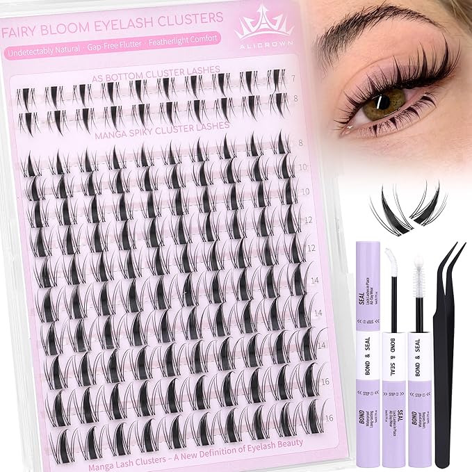 Fairy Lash Clusters Kit with Bottom Lashes Natural Eyelash Clusters Kit Wispy Lash Extensions Spikes C Curly Manga Eyelash Extensions Kit with Lash Bond and Seal Manga Wet-Look Individual Lashes Kit