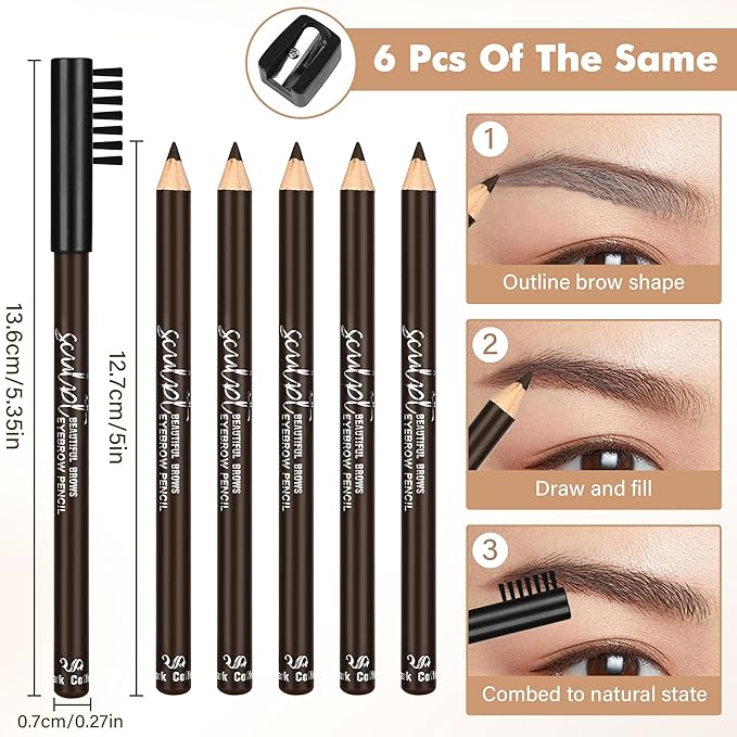 6Pcs Eyebrow pencil wooden，Brow Kit with Brush and Sharpener，Eyebrow Pencils for Women，Fine Tip Eye Brow Eye Liner for Eye Makeup,Shapes, Defines, Fills Brows (Dark Brown-04)