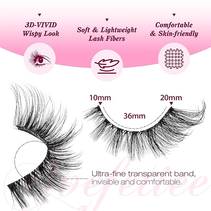 Lashes Wispy False Eyelashes Fox Eye Lashes Fake Lashes Fluffy Cat Eye Lashes Faux Mink Strip Lashes Natural Look Clear Band Eyelashes Pack by GVEFETIEE 8 Pairs