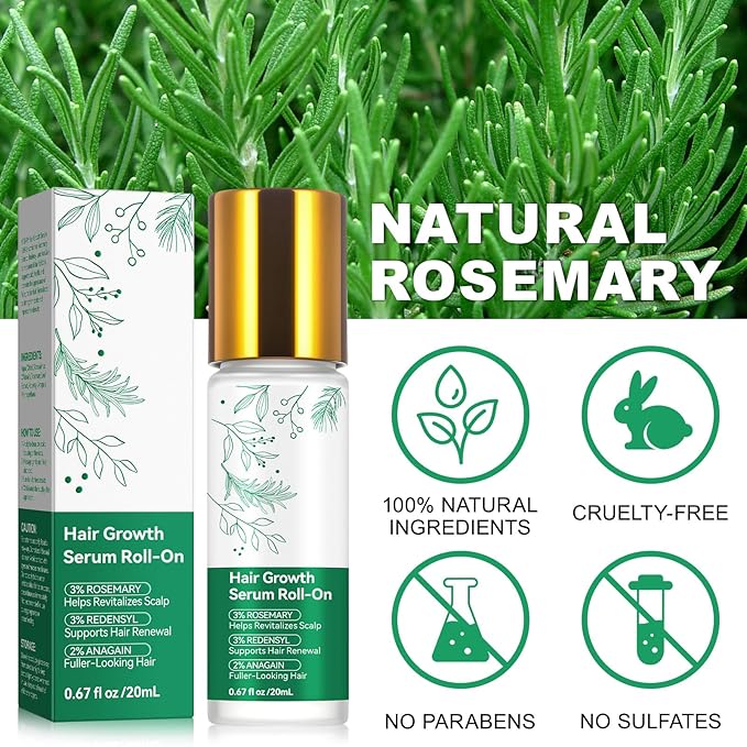Hair Growth Serum Roll-On with 3% Rosemary Oil, Redensyl & AnaGain - Scalp Revitalizing Treatment for Fuller-Looking Hair - Non-Greasy, 0.67 fl oz