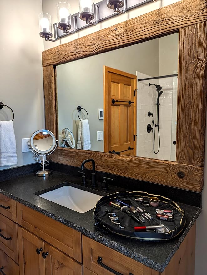 Lay-n-Go Cosmo Drawstring Cosmetic & Makeup Bag Organizer - Portable Drawstring Makeup Bag w/Zipper Pocket, Makeup Loops & More - Durable, Machine Washable Toiletry Bag (20", Black & Gold)