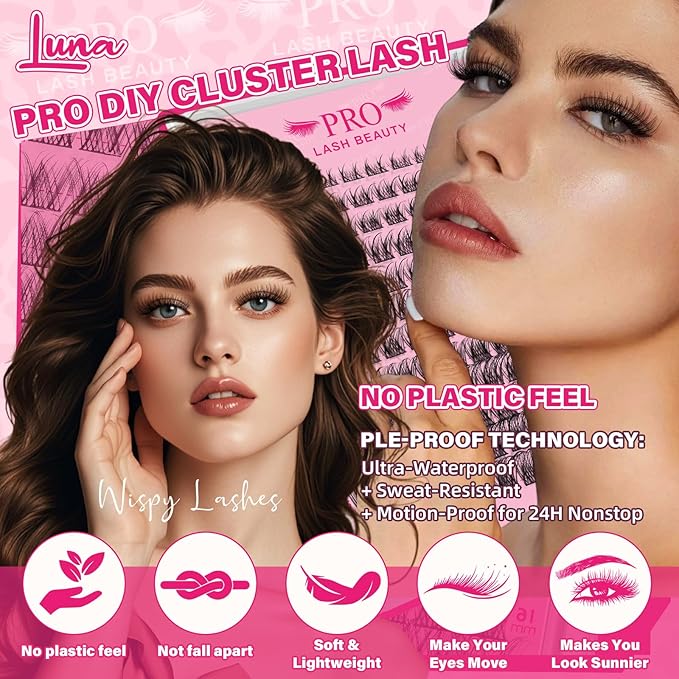 Natural Lash Extension Kit Wispy Lash Clusters Kit Lash Clusters Lash Bond Remover Eyelash Applicator Beginner DIY Lashes Kit Easy to Use(Luna,8-16mix)