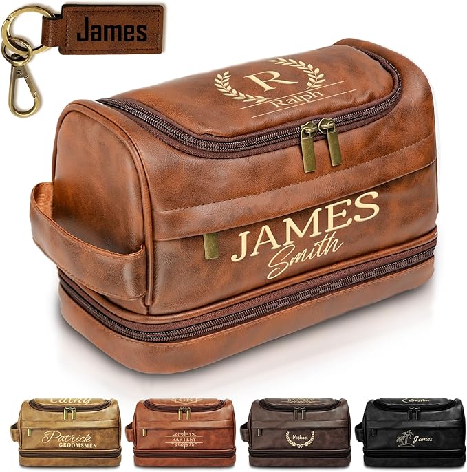 Personalized Toiletry Bag for Men, Gifts for Men, Christmas, Custom Leather Travel Bag Shave Kit, Engraved Pattern Text, Ideal Gift for Him, Dad, Groomsmen, Birthday, Anniversary, Father, Son, Husband