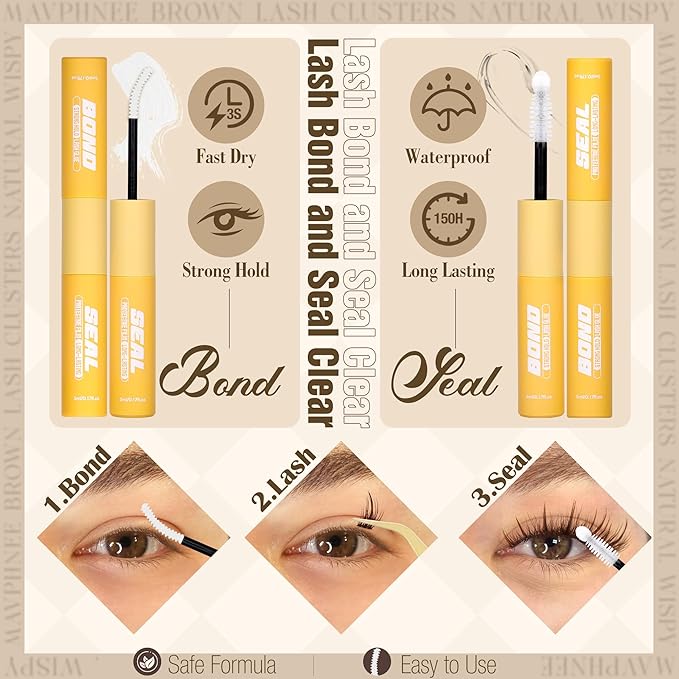 Brown Lash Clusters Kit Wispy Lashes Extensions Kit Natural Eyelash Clusters Waterproof Lash Bond and Seal Kit Dark Brown Cluster Lash C-Curly Individual Lash Pack 120Pcs DIY Lash Kit (8-16MM)