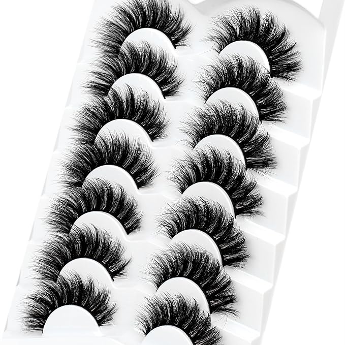 Pooplunch False Eyelash Volume Cat Eye Lashes D Curly Fluffy Lashes Wispy 8D Natural Soft Faux Mink Fake Eyelash Strips 7 Pairs Pack