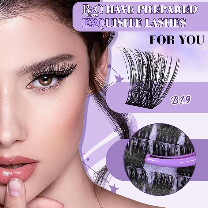 B&Q Wispy Lash Clusters Kit B19, DIY Lash Extension Kit 156PCS Eyelash Extension Kit, Soft Natural Lash Clusters 8-18MIX D Curl Lash cluster, Thin Black Band Cluster Eyelash Extensions (B19 Set)