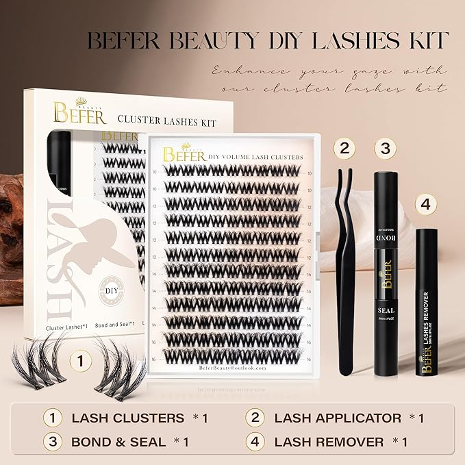 BEFER Lash Clusters Kit, 108 Pcs 3D Curl Eyelash Clusters Volume Individual Lashes Extensions 10-16MM Wispy Eyelash with Tweezers DIY At Home(Brave, ZE11,Kit)