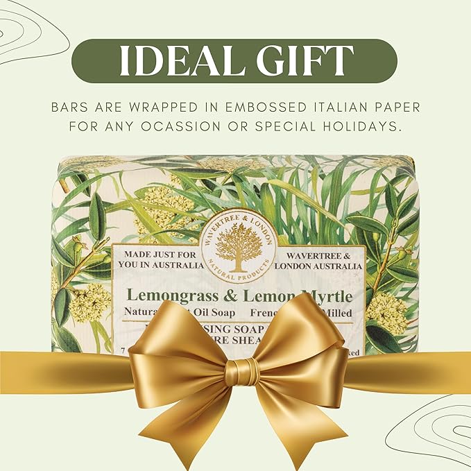 Wavertree & London Lemongrass & Lemon Myrtle Scented Natural Soap (2 Bars), 7oz Moisturizing French Triple Milled Soap Bars enriched with shea butter - Pure Plant Oil Bath & Body Soap Bars