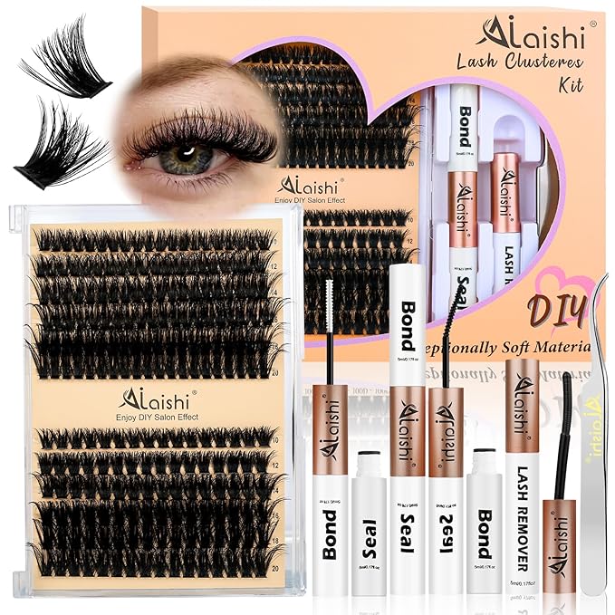 Lash Clusters Kit, DIY Cluster Eyelash Extensions 10‑20mm, 80D+100D, 216pcs Fluffy D Curl Natural Lashes with Bond & Seal,Remover,Tweezers – Fake Cat Eye Individual Clusters