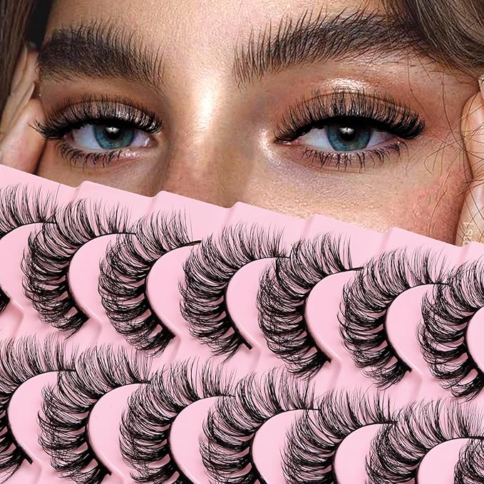 Ahrikiss Russian Strip Lashes That Look Like Extensions D Curl Fluffy False Eyelashes 10 Pairs Wispy Natural Fake Lashes Pack Fluffy 3D Volume Fake Lashes (D02)