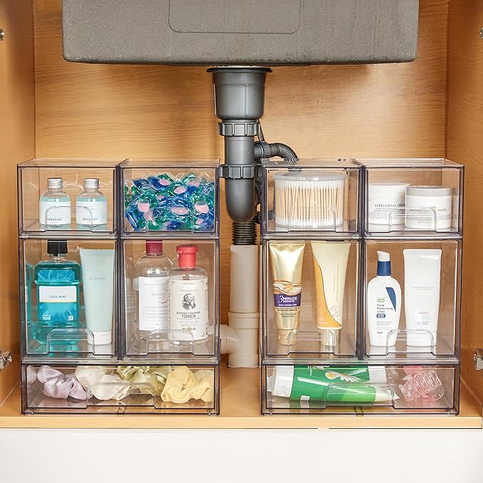 Vtopmart Clear Stackable Storage Drawers Set of 4, Plastic Organizer Bins for Makeup, Cosmetics, Beauty Supplies,Ideal for Vanity, Bathroom,Cabinet,Pantry Organization