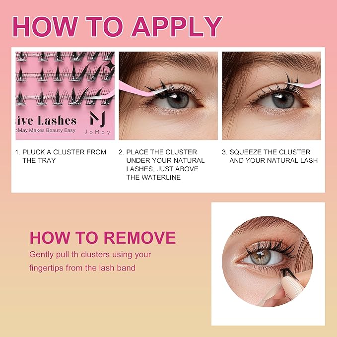 JoMay Self Adhesive Eyelashes, Press On No Glue Needed, Pre-Glued Clusters, Natural Look with Thin Band, Reusable for Beginners, Pre-Separated L/R 10 Pairs - Flutter Lite Lash Clusters