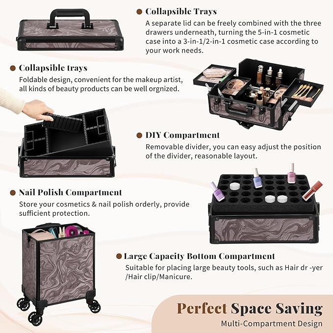 Profesional Rolling Makeup Train Case with Lid, 5 in 1 Cosmetology Case on Wheels, Large Cosmetic Trolley Organizer Travel for Hairstylist Artist Nail Beauty Salon Barber, Brown Ink