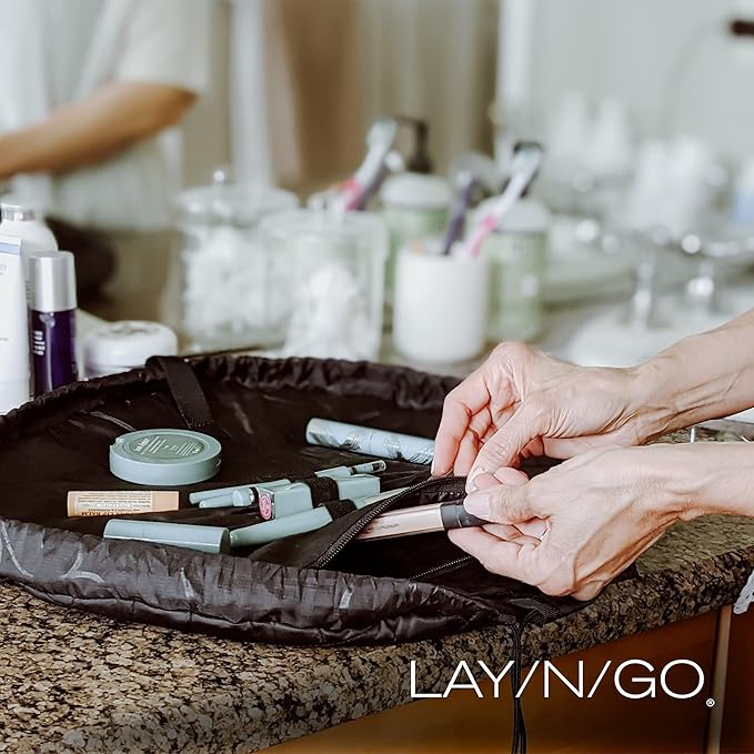 Lay-n-Go Cosmo Layflat Drawstring Cosmetic & Makeup Bag Organizer - Portable Drawstring Makeup Bag w/Zipper Pocket, Makeup Loops & More -Durable, Machine Washable Toiletry Bag (20", Metallic Silver)