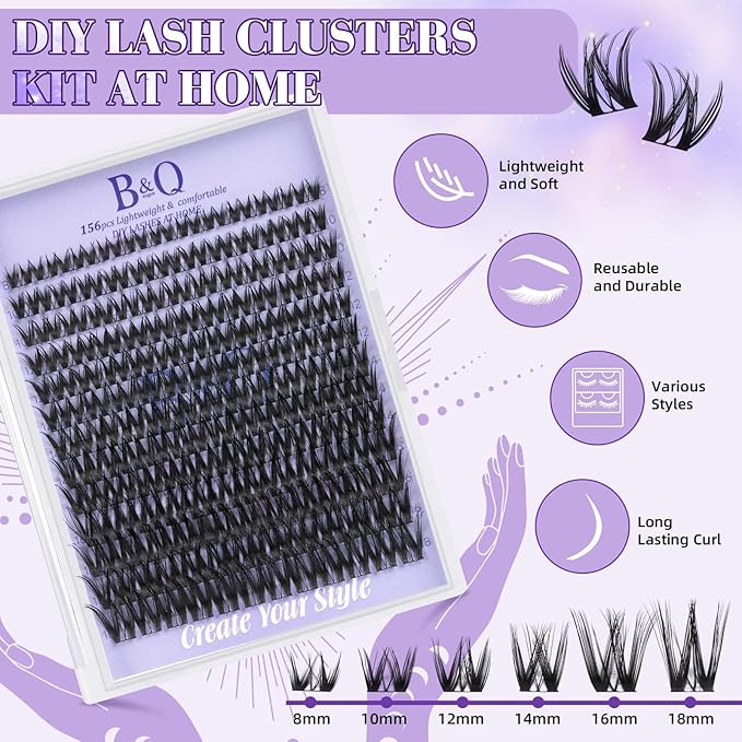 B&Q Flora Lash Clusters Kit B0X, DIY Lash Extension Kit 156PCS Eyelash Extension Kit, Soft Wispy Lash Clusters 8-18MIX D Curl Lash cluster, Thin Black Band Cluster Eyelash Extensions (B0X Set)