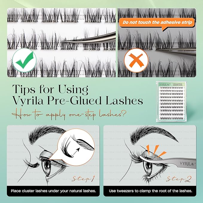 Self-Adhesive Lash Cluster, Pre-Glued Clusters, Pop-On Faux Eyelashes, 3D Thin Band D Curl Natural Look Lahses, Easy to Apply, Reusable 0.05mm Eyelash Extensions (Green Charm-D-0.05-10-16mix)