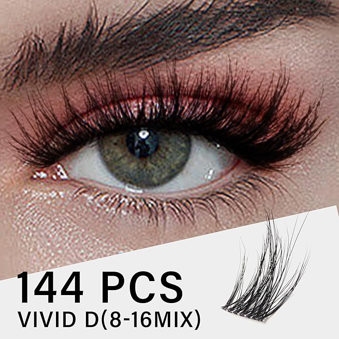 Lash Clusters 0.05mm Individual Lashes, 3D Wispy Lashes Clusters, 0.1mm Super Thin Band Resuable Natural Lashes,C Curl Faux Mink Lashes,144pcs Lash Extension (Green Vivid-C-0.05-8-16mix)